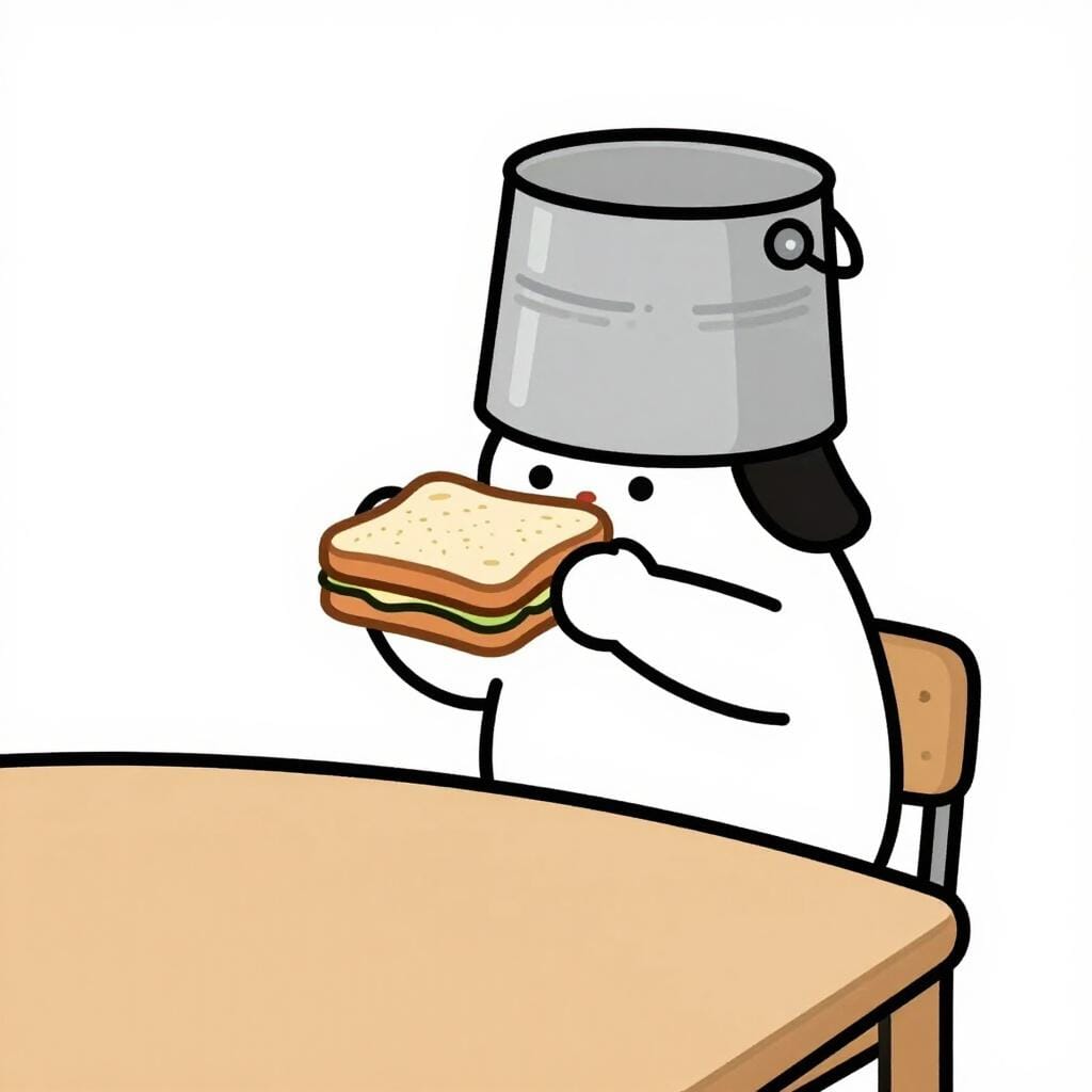 Eine bunte Bilderbuchillustration einer Person, die einen Eimer auf dem Kopf trägt, während sie versucht, ein Sandwich zu essen.