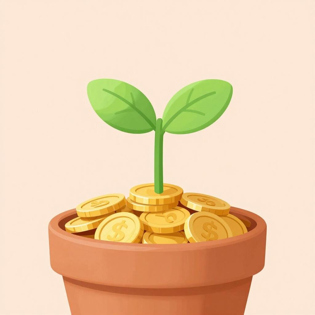 Una piccola pianta verde con foglie vibranti che cresce da un mucchio di monete d'oro scintillanti all'interno di un semplice vaso di terracotta.