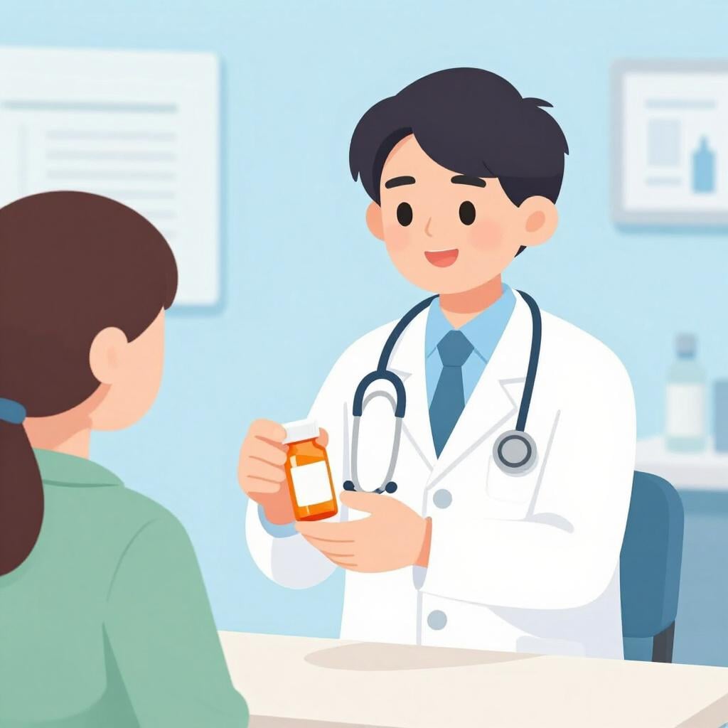 A doctor in a white coat handing a small bottle of medicine to a patient.