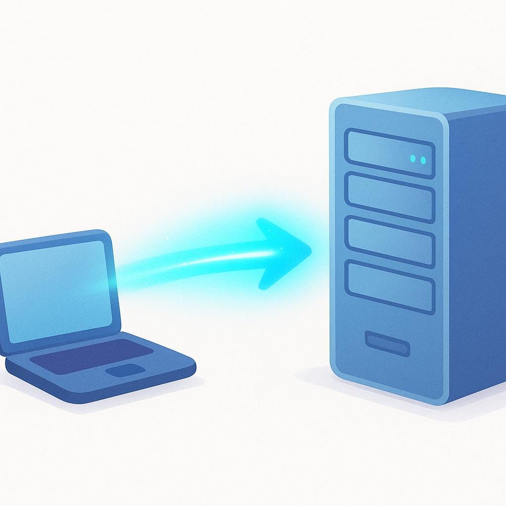 Een gestileerde illustratie die een kleine laptop (de client) toont die een blauw datasignaal naar een grote, stationaire server-toren stuurt.