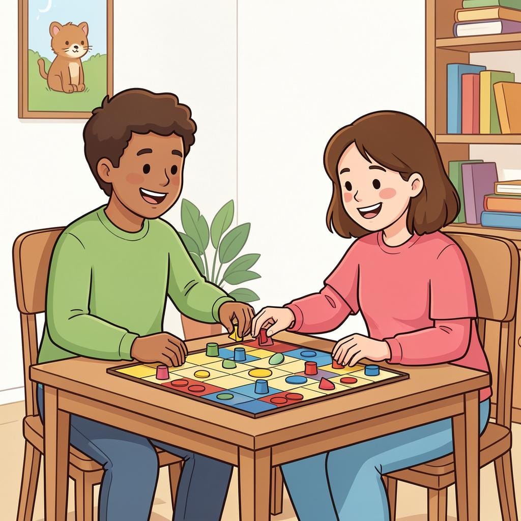 テーブルでボードゲームをしている二人の友人。一人がもう一人にサイコロを渡している。