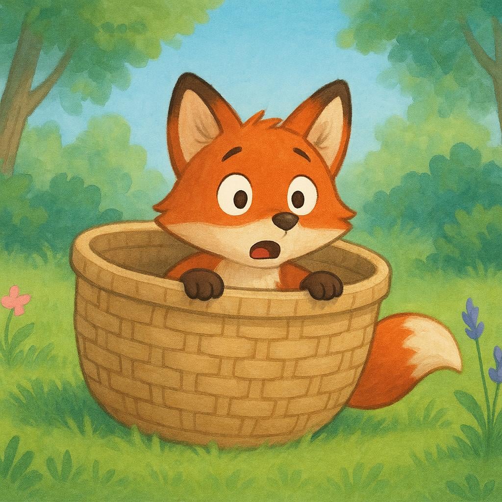 A small, surprised fox is caught halfway inside a simple woven basket trap in a forest clearing, illustrating being discovered or trapped.