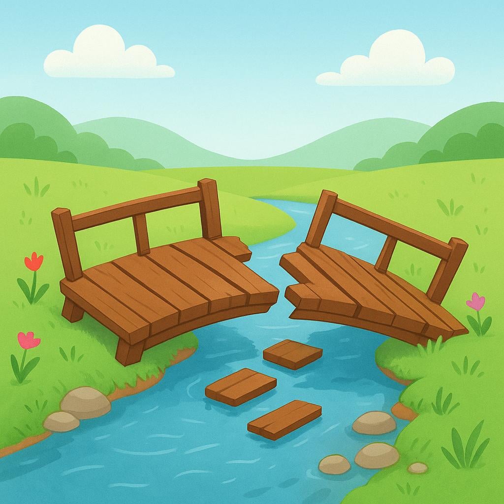 A brightly colored wooden bridge over a small stream that has broken and collapsed in the center, illustrating a failed project.