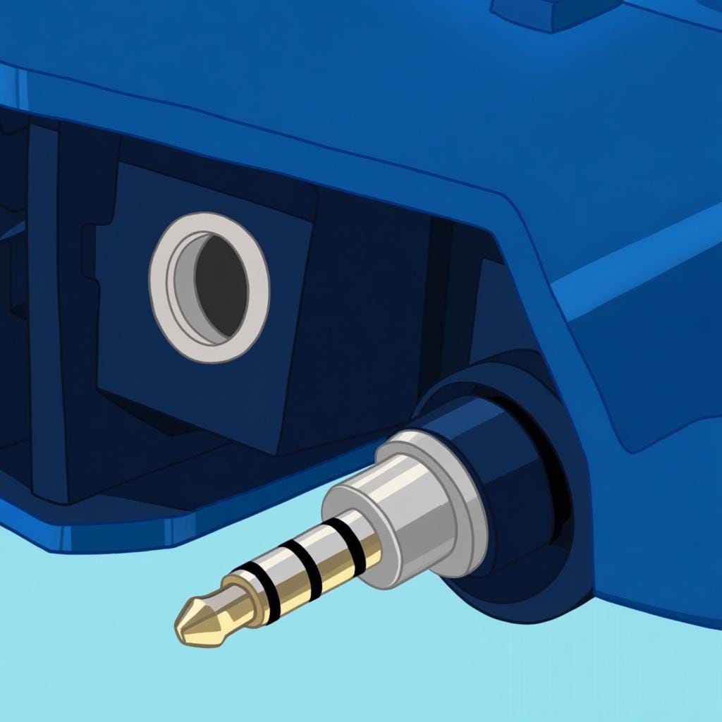 Un primo piano di una spina audio standard argentata accanto alla sua presa circolare nera su un dispositivo elettronico.