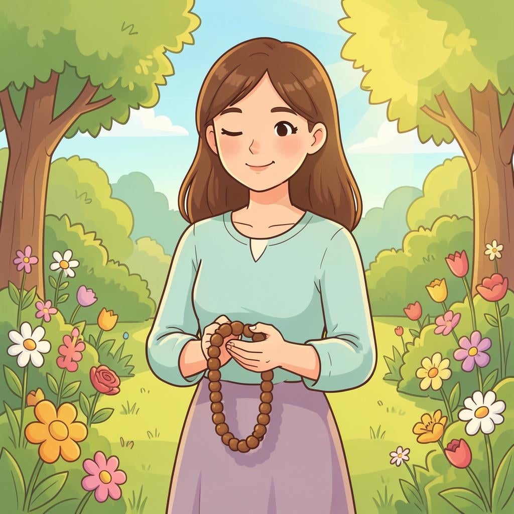 A woman in a peaceful garden holding a set of prayer beads.