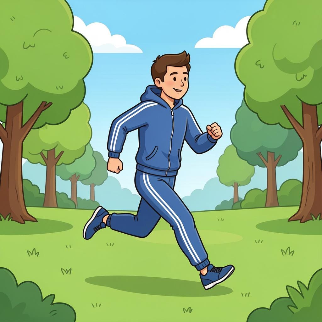 A person in athletic clothes jogging along a bright, sunny park path.
