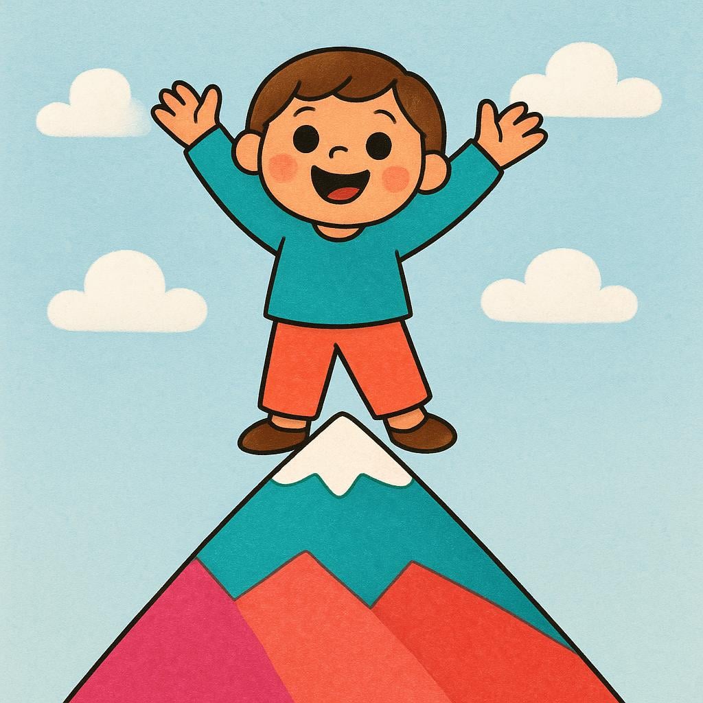 A happy cartoon figure standing on top of a brightly colored mountain peak, raising both hands in a celebratory pose, symbolizing achievement.