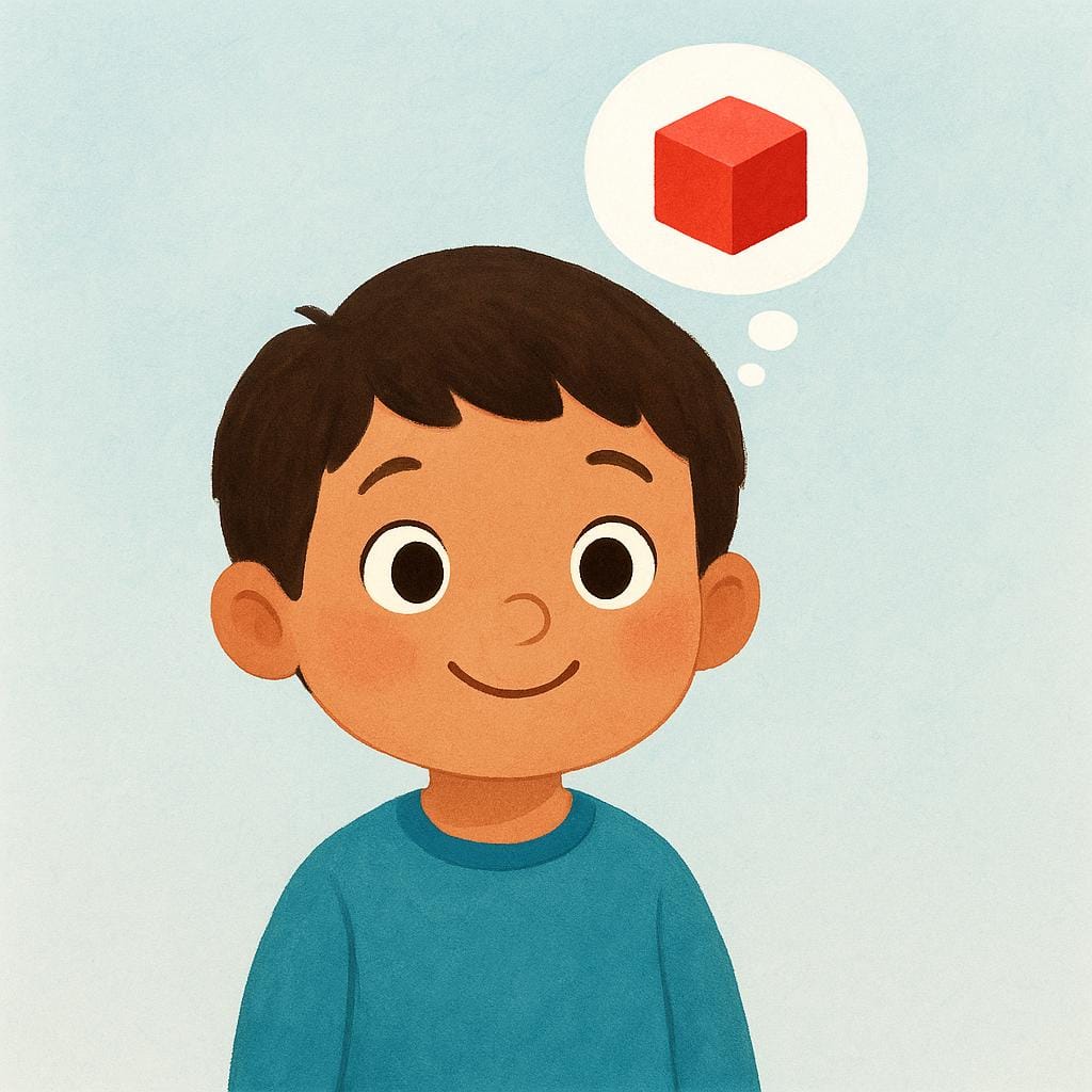 A young child looks surprised and happy, with a thought bubble above their head containing a single, simple red toy block, symbolizing remembering something.