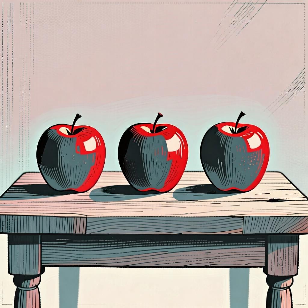 Three bright red apples sitting side-by-side on a wooden table.