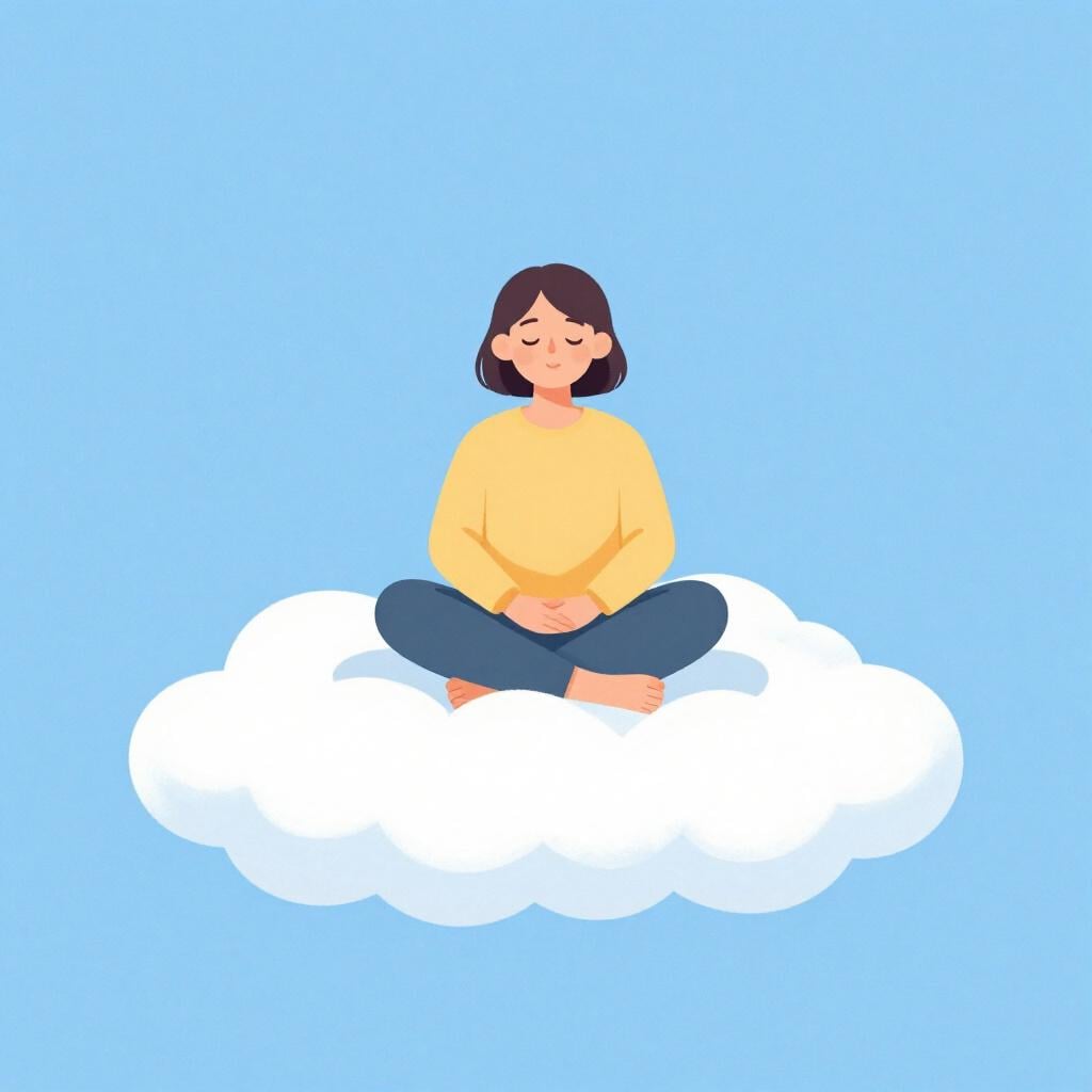 A person sitting peacefully on a fluffy cloud with their eyes closed and a gentle smile.