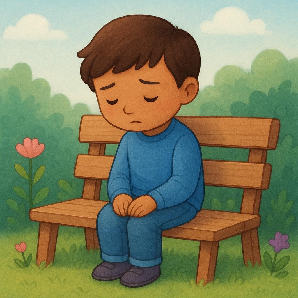 A small child sitting on a wooden bench looking sad with a single tear on their cheek.