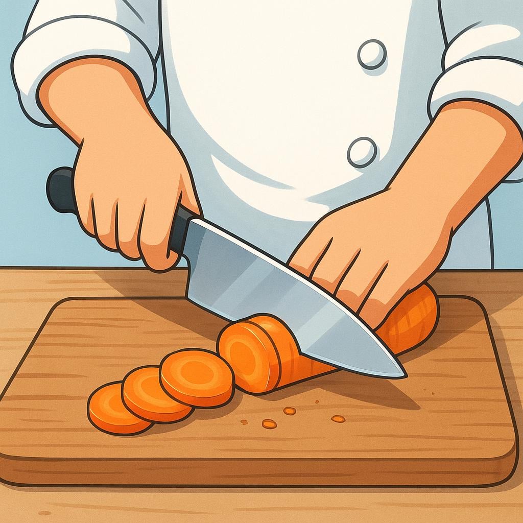 A chef wearing a tall white hat meticulously slicing a bright orange carrot into thin, even pieces using a large knife on a wooden cutting board.