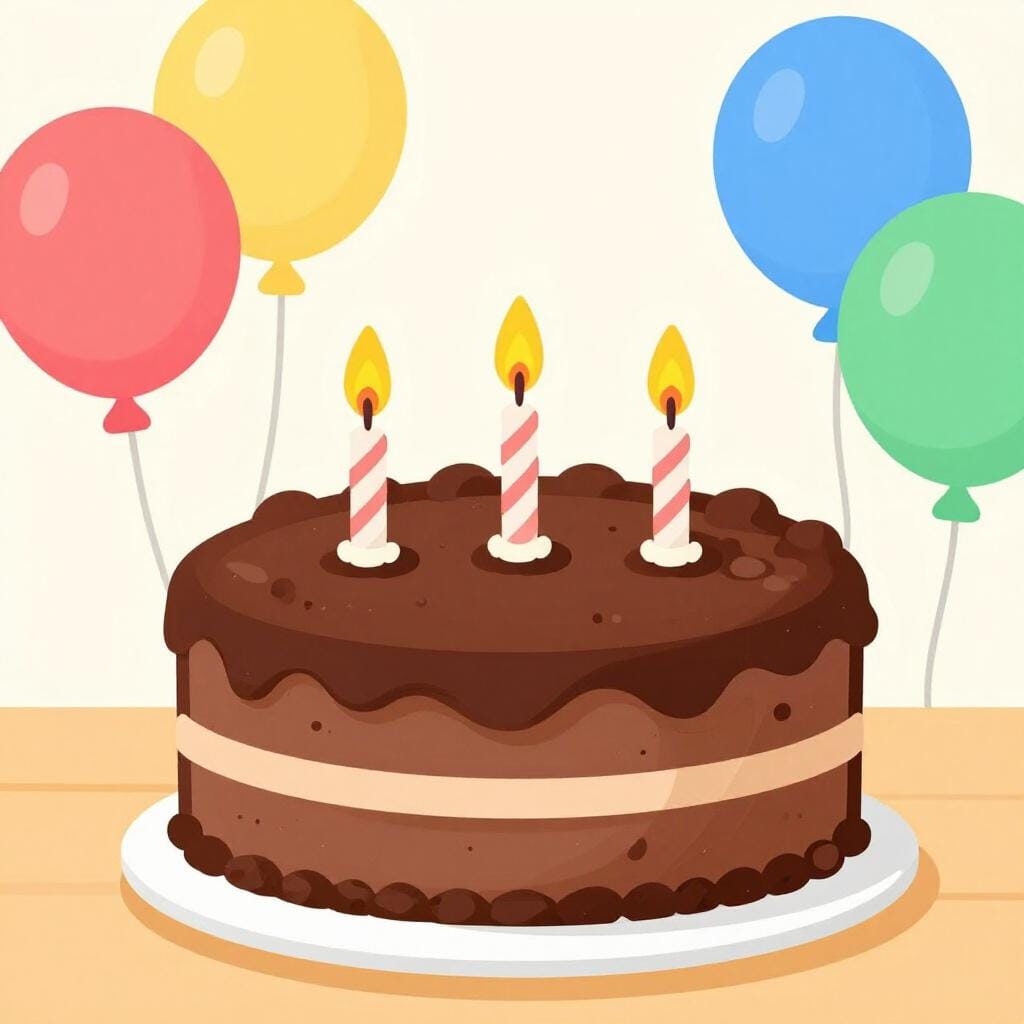 カラフルな誕生日ケーキに灯されたろうそくと明るい風船。