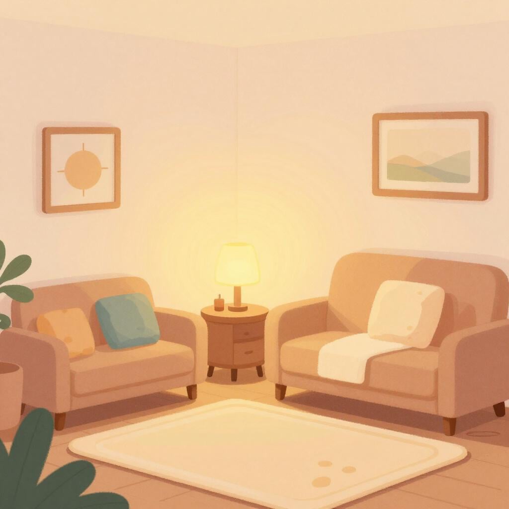 Uma sala aconchegante com lâmpadas de luz suave e quente e almofadas confortáveis.