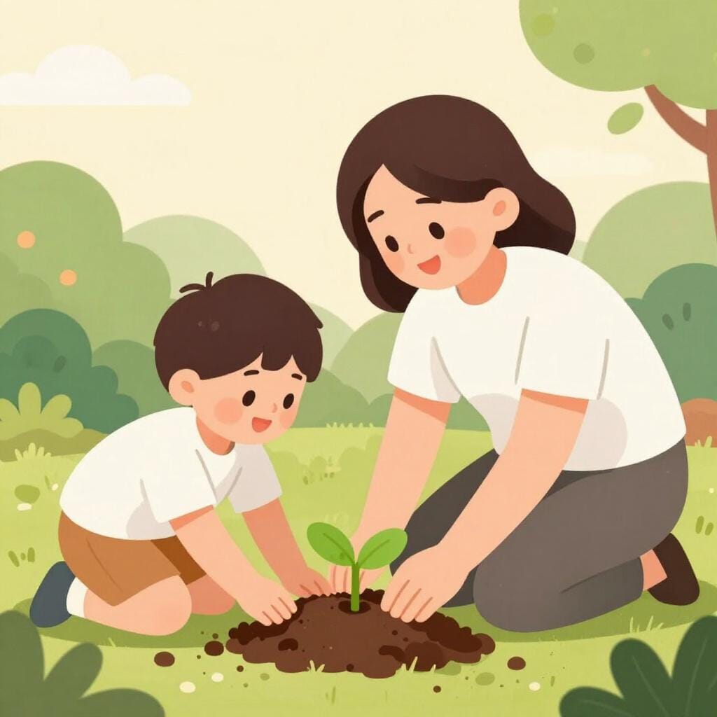 Un parent et un jeune enfant s'agenouillent dans un jardin pour planter ensemble une petite pousse verte.