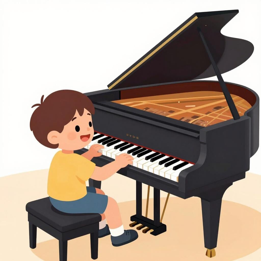 A young child sitting at a piano, playing with focus and joy.