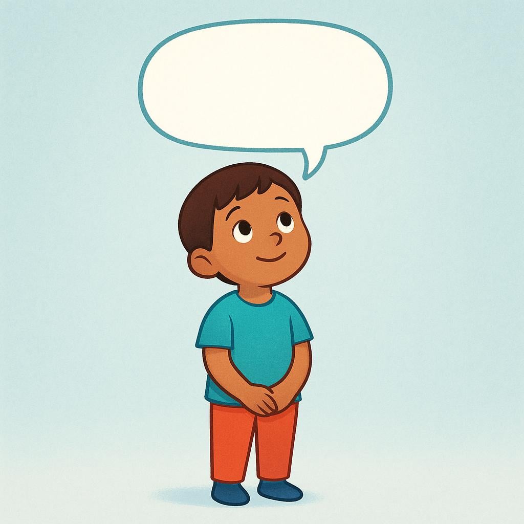 A high quality storybook illustration of a small person standing still, with an empty, stylized speech bubble floating above their head, indicating future speech.