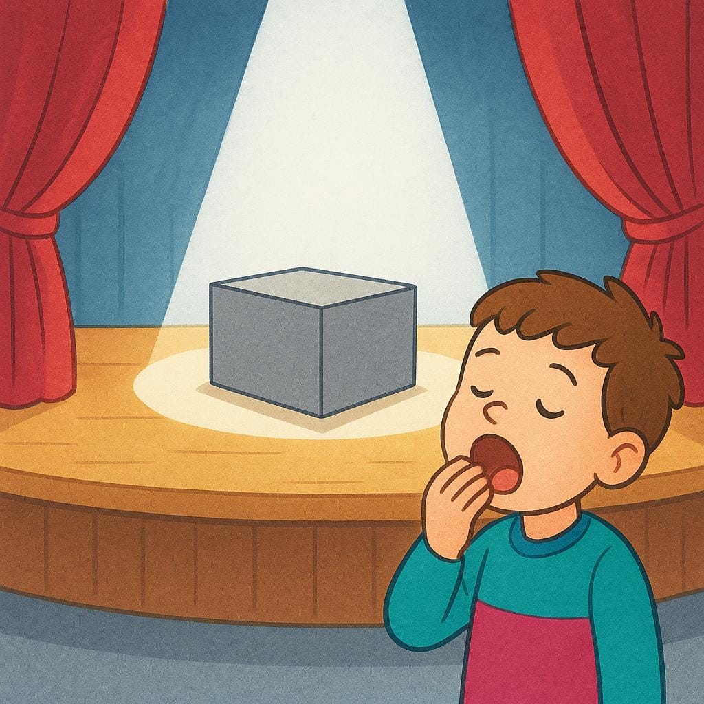 A dull gray rectangular box sits alone on a brightly lit stage. A person in the foreground is yawning widely, clearly uninterested.