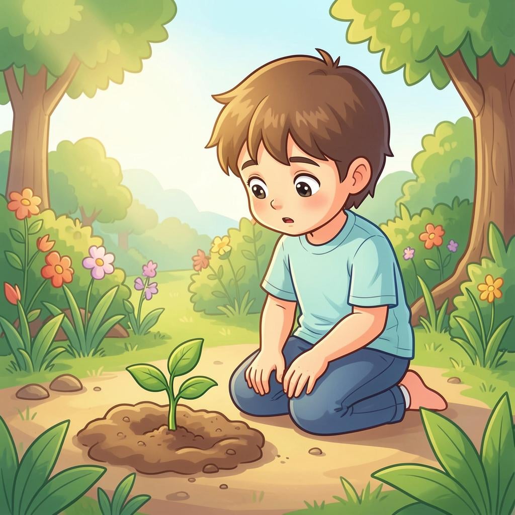 A child in a garden looking hopefully at a tiny green sprout growing from the soil.
