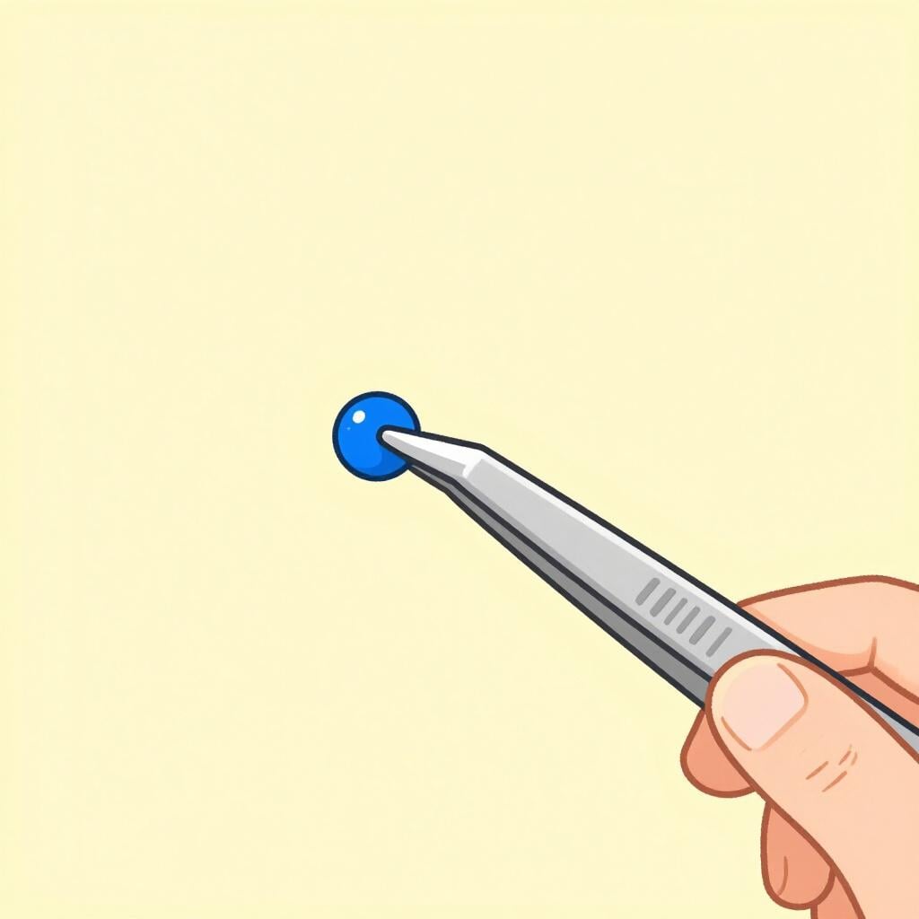 A pair of silver metal tweezers holding a small glowing bead.