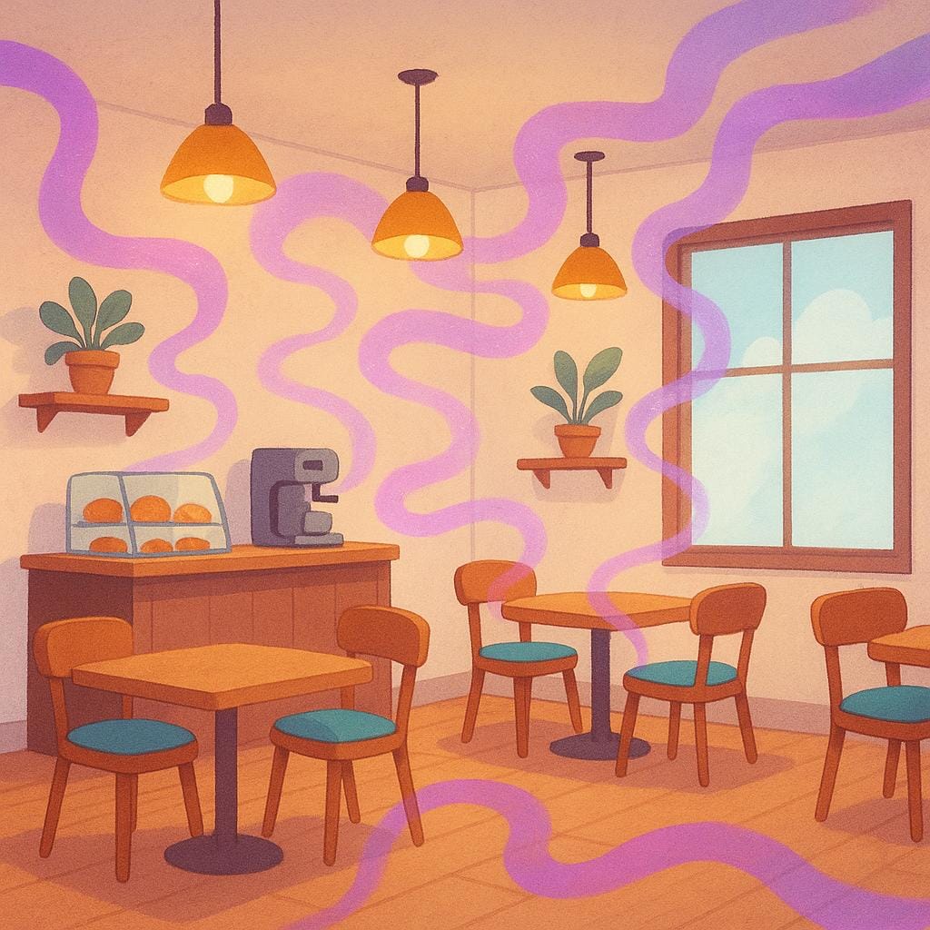 A storybook illustration of a cozy cafe interior bathed in warm yellow light. Gentle, visible purple and pink energy waves float in the air, representing a pleasant atmosphere or feeling.