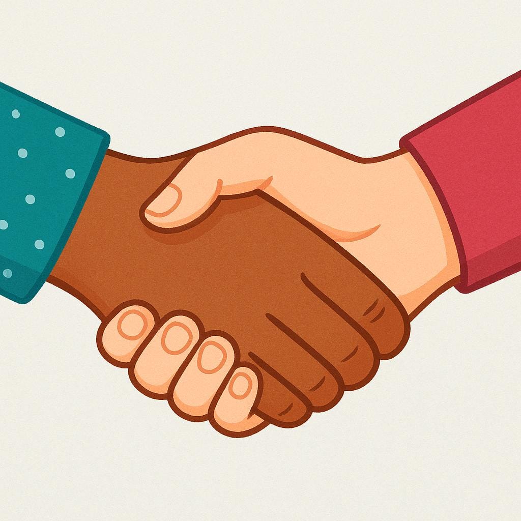 Two diverse hands shaking firmly in agreement, symbolizing a promise or pledge.