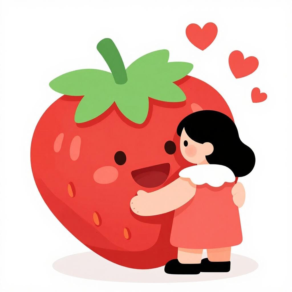 Eine fröhliche Person, die eine riesige Erdbeere umarmt, mit Herzen, die um ihren Kopf schweben.