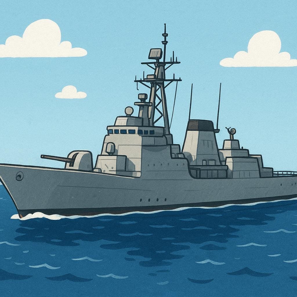 A powerful, gray military naval warship (cruiser) equipped with turrets and sailing on dark blue water.