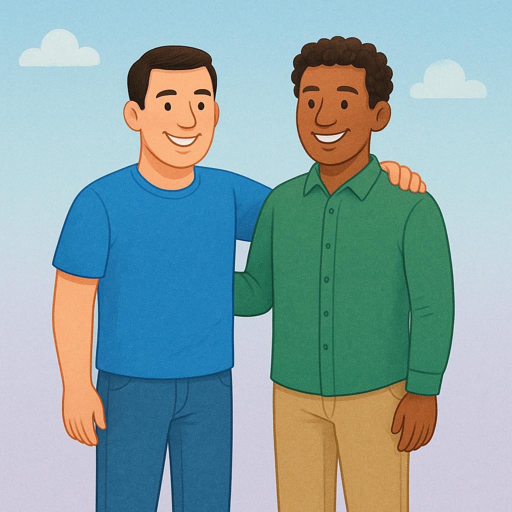 Two smiling adult men standing together, representing uncles.