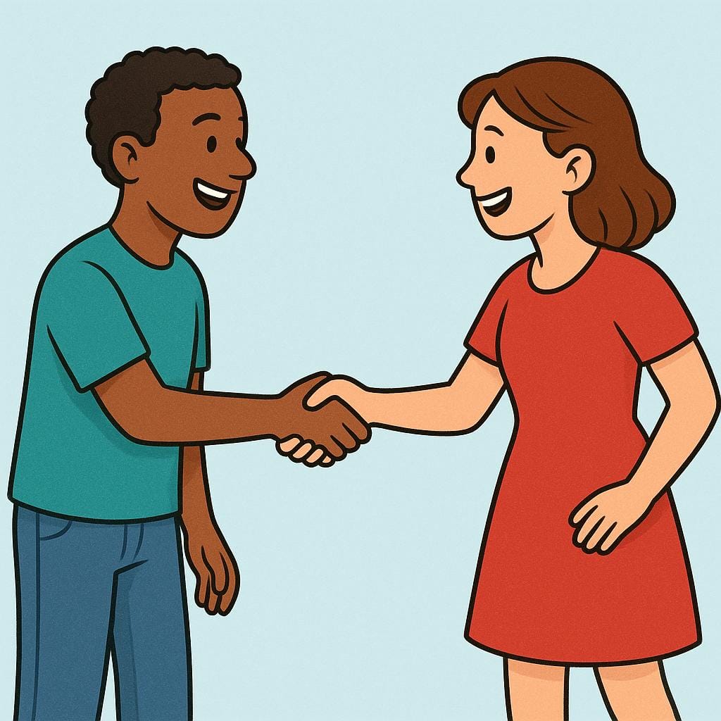 Zwei unterschiedliche, freundliche Figuren stehen sich gegenüber und geben sich in der Mitte fest die Hand, um die wechselseitige Kommunikation zu veranschaulichen.