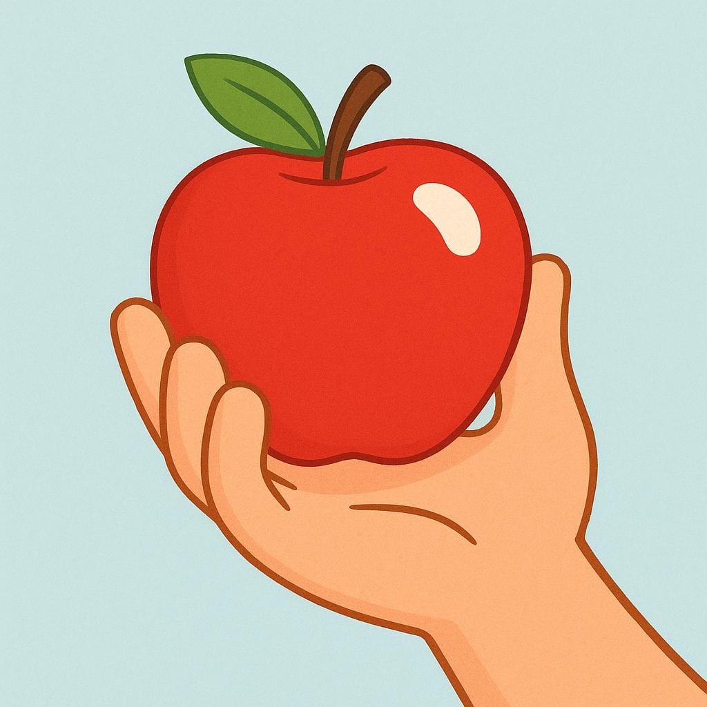 Un'illustrazione semplificata di una mano che raccoglie una mela rosso vivo da un prato di erba verde.