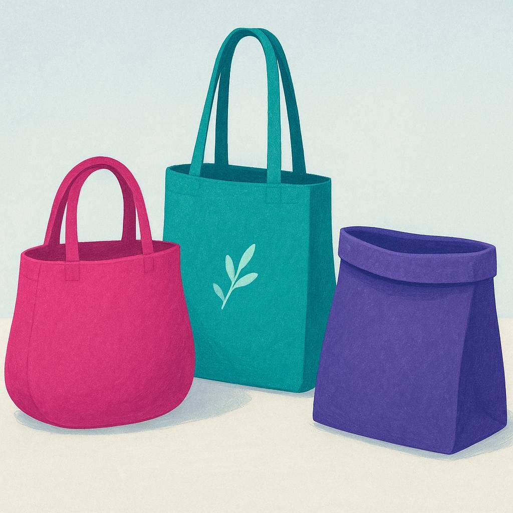 Ein Stapel bunter, wiederverwendbarer Einkaufstaschen, einige leer und einige mit Lebensmitteln gefüllt.