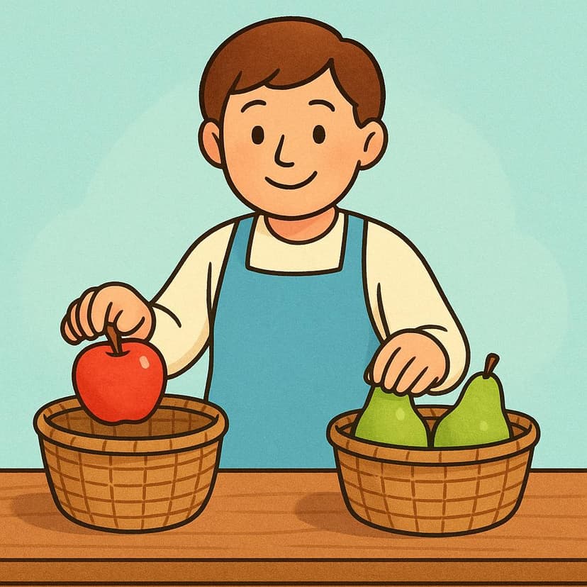 A friendly human character is standing next to a table, actively sorting a pile of mixed fruit, placing a red apple into one basket and a green pear into a separate basket.