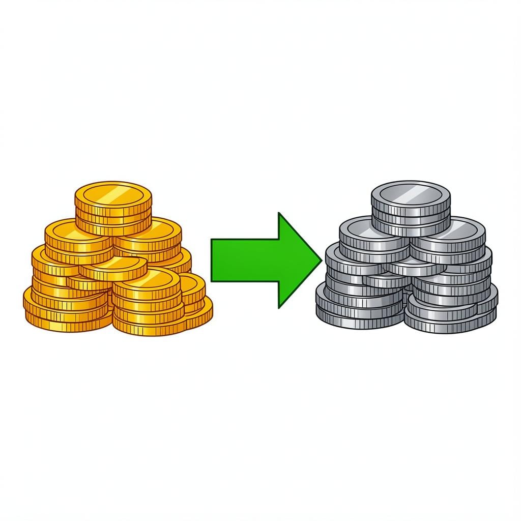 A pile of gold coins next to a pile of silver coins with an arrow pointing from the gold to the silver.