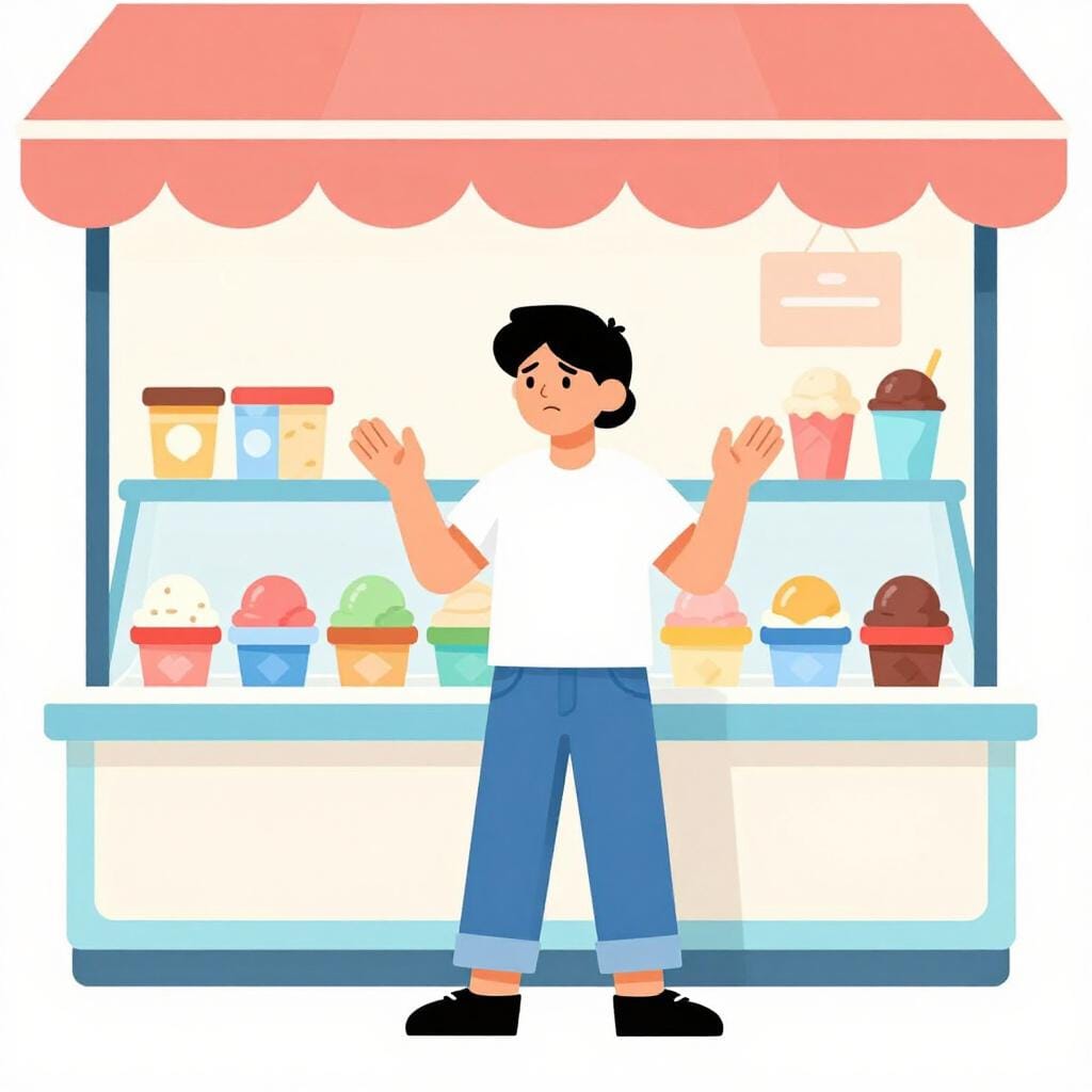 A person in a colorful ice cream shop looking at many different flavors with a puzzled face.