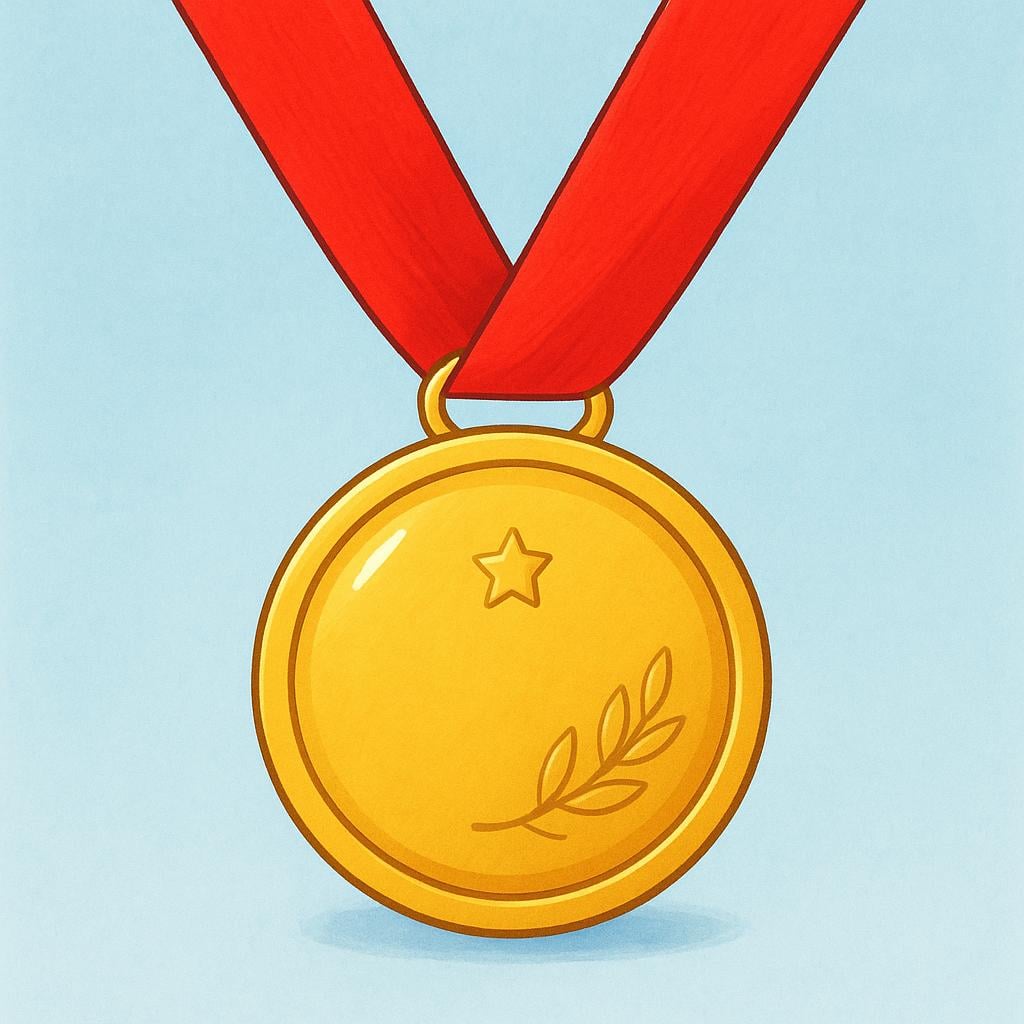 A large, simple, shining gold medal hanging from a bright red ribbon, symbolizing excellence.