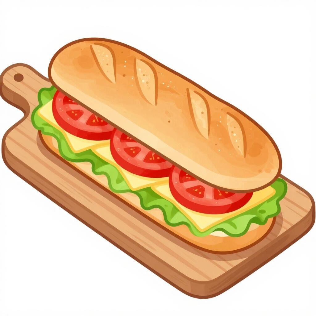 Een lang belegd broodje, gevuld met sla, tomaten en kaas op een houten plank.