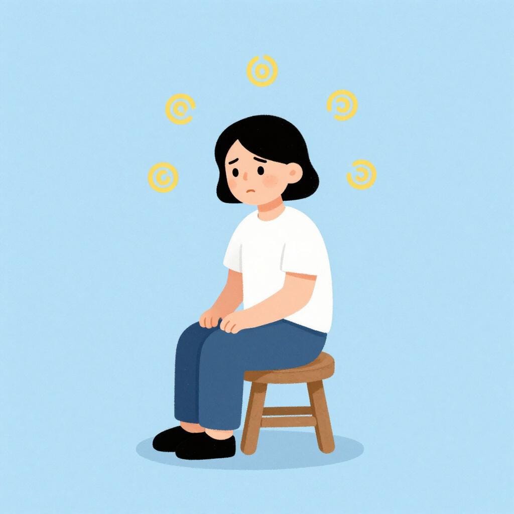 Une personne assise sur un tabouret avec des spirales jaunes flottant autour de sa tête pour montrer qu'elle a le vertige.