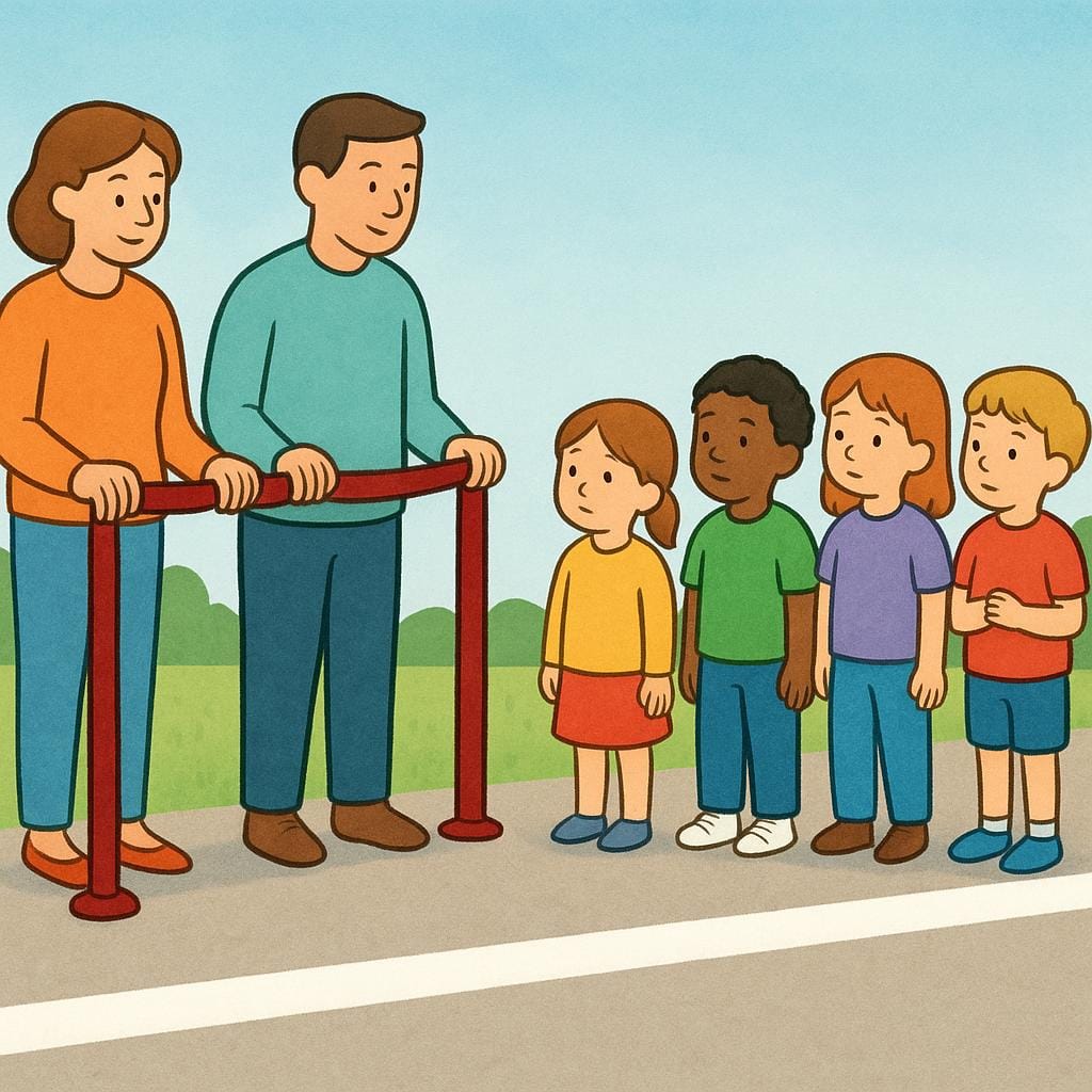 Two adult figures holding up a simple red velvet rope to establish a visible boundary along a white line painted on the ground, visually imposing a restriction on a group of children.
