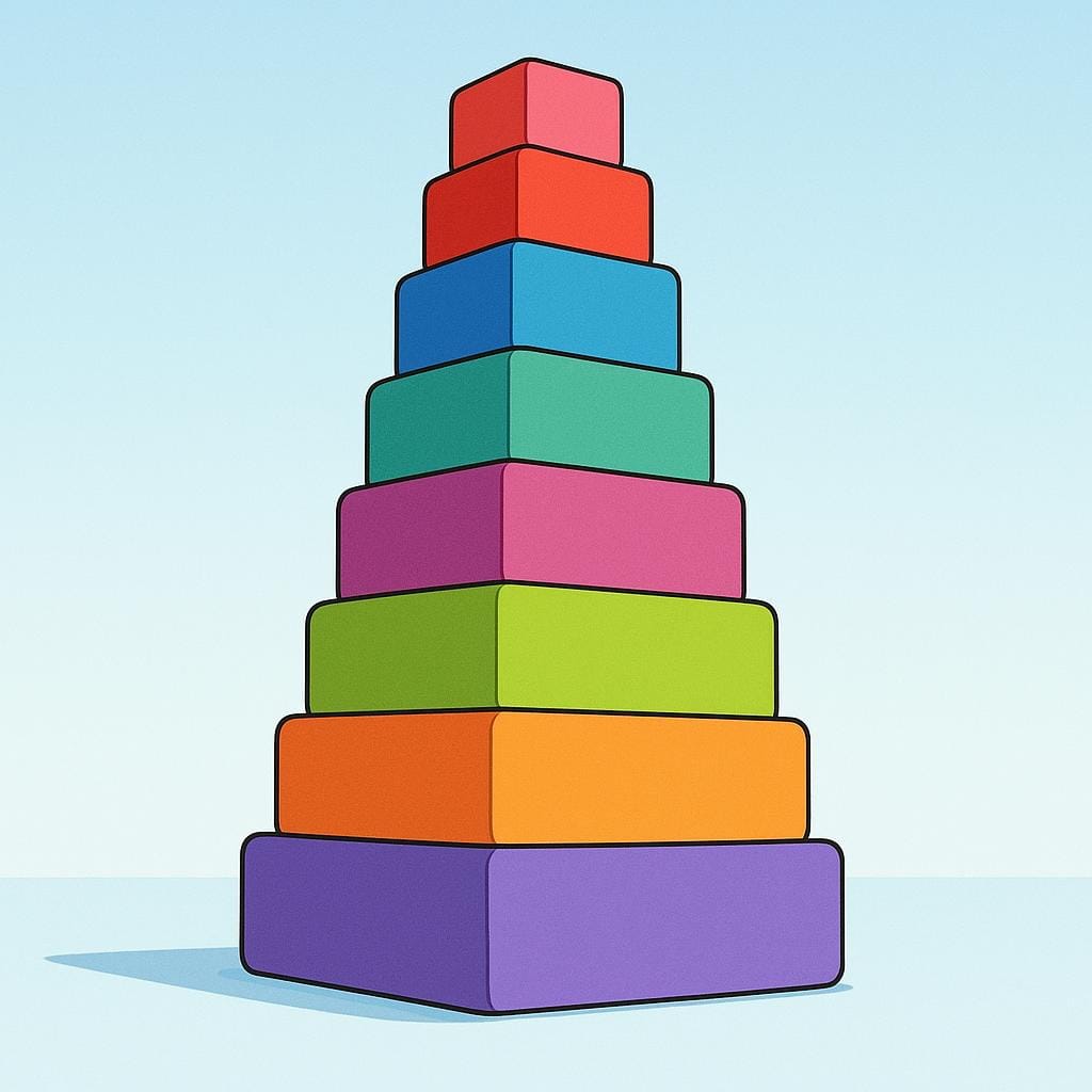 A tall, stable column made entirely of identical, brightly colored rectangular building blocks, symbolizing steady accumulation and increase.
