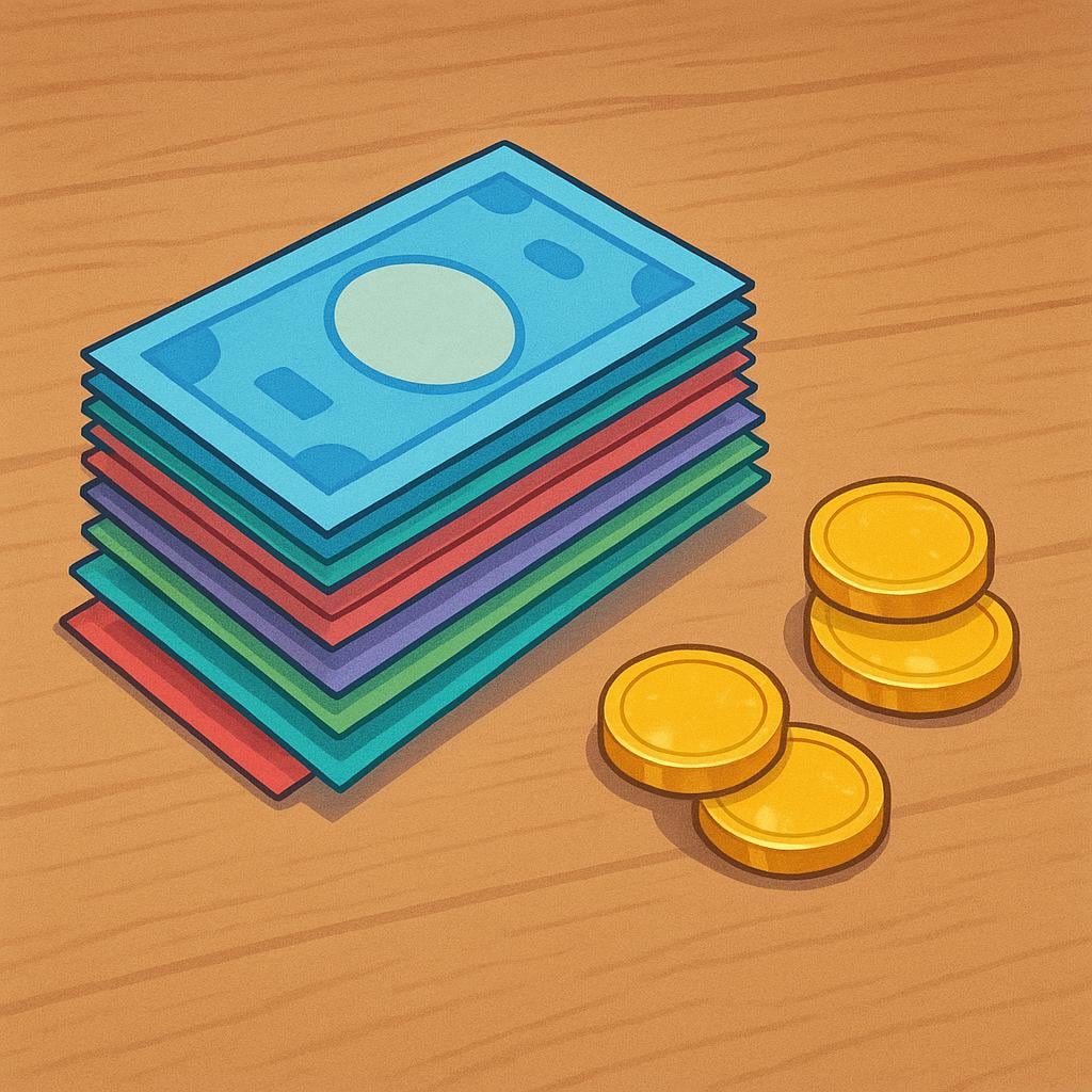 A simple stack of stylized paper money bills and several gold coins, representing cash.