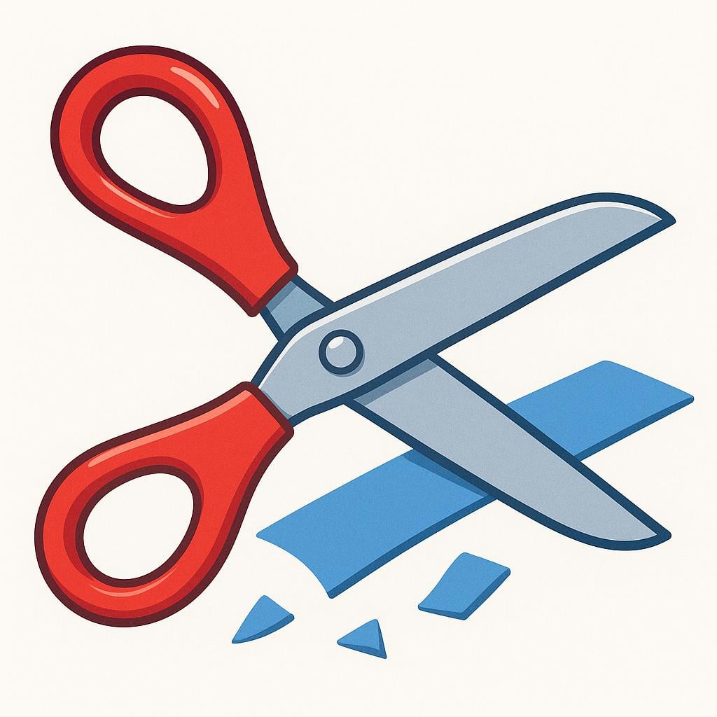 A pair of large red scissors cutting a strip of blue paper.