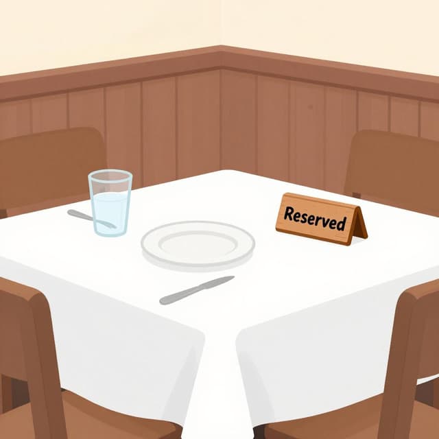 Ein kleines Holzschild mit dem Wort 'Reserviert' auf einem Restauranttisch mit einem Teller und einem Glas.