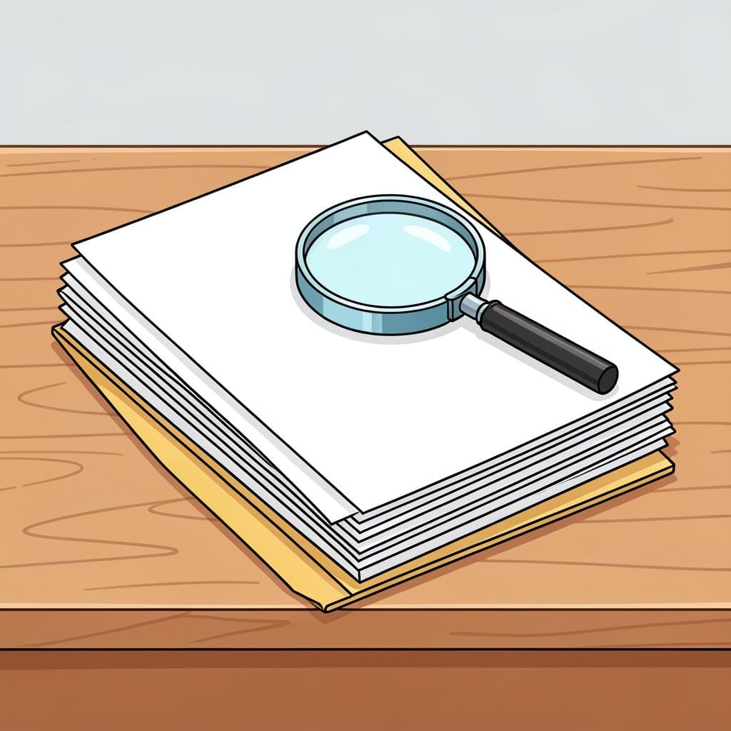 A stack of paper documents with wax seals and a magnifying glass on a wooden table.