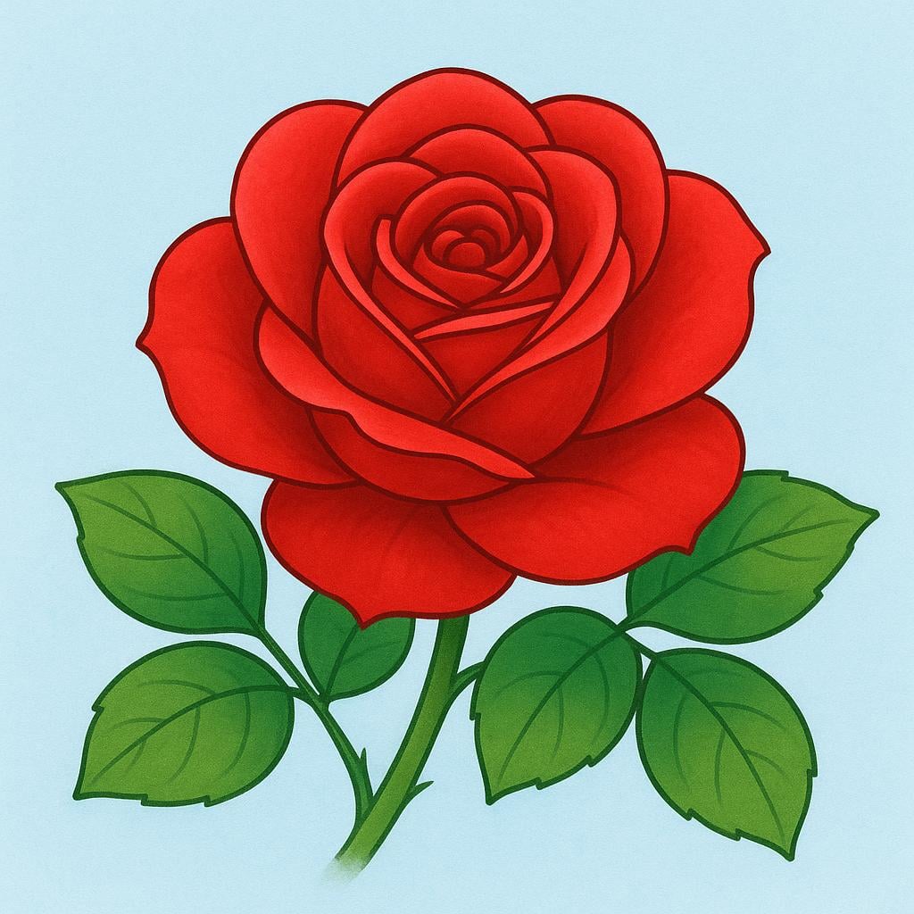 A single, vibrant red rose with perfect petals and green leaves.