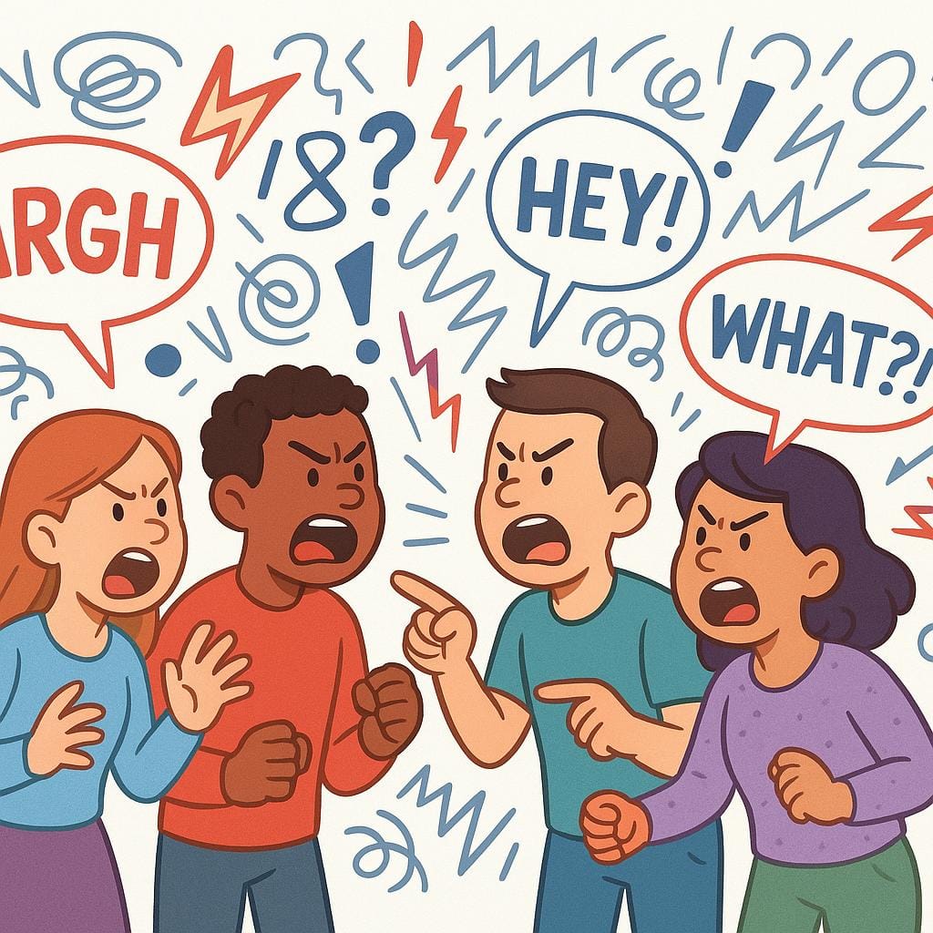 A small group of cartoon people arguing loudly and looking agitated, illustrating public controversy.