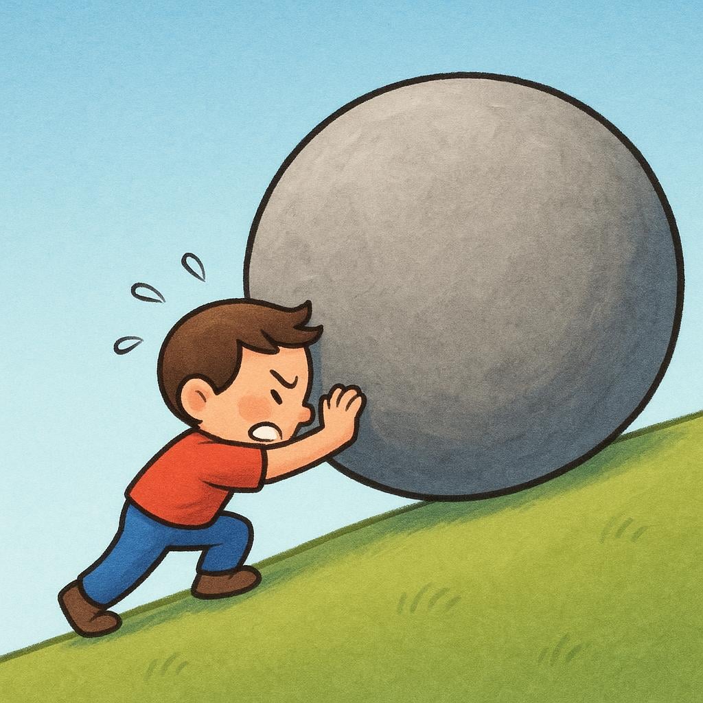 A simple storybook illustration of a small determined figure straining to push a large gray boulder up a gentle green incline, symbolizing effort and time.
