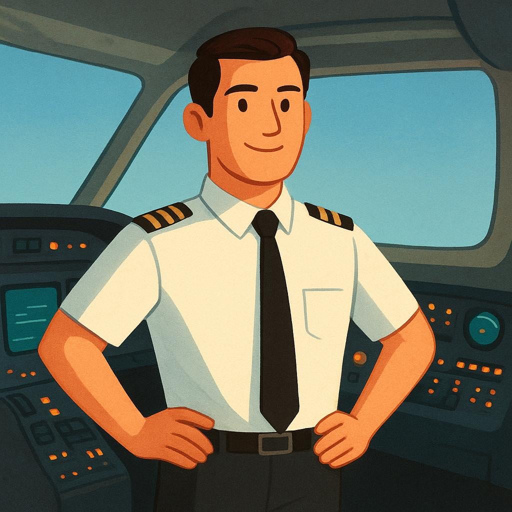 A cartoon pilot wearing a uniform and hat, smiling inside the cockpit of an airplane.