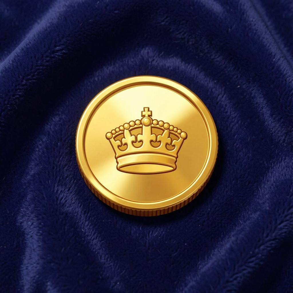 Eine glänzende Goldmünze mit einem Kronensymbol.