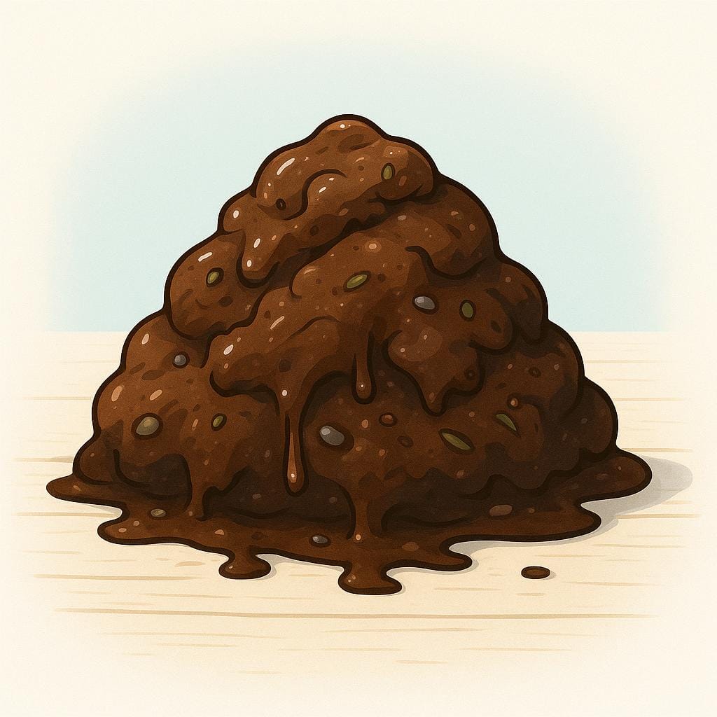 Uma pilha grande, marrom-escura e pegajosa de lama e sujeira assentada sobre um piso de madeira limpo e claro.